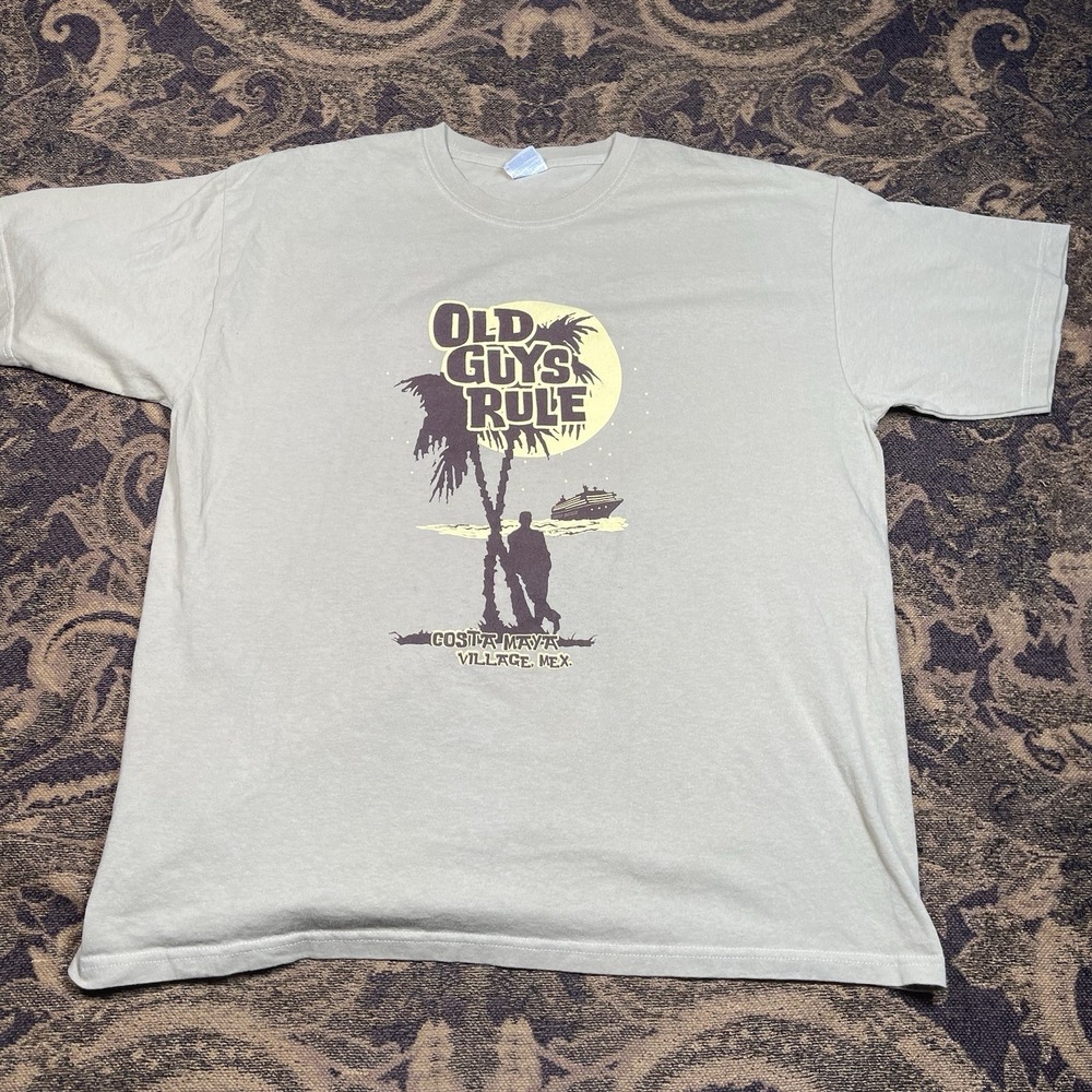 Vtg Y2K Old Guys Rule Costa Maya Mexico Brown Shirt Mens Size XL